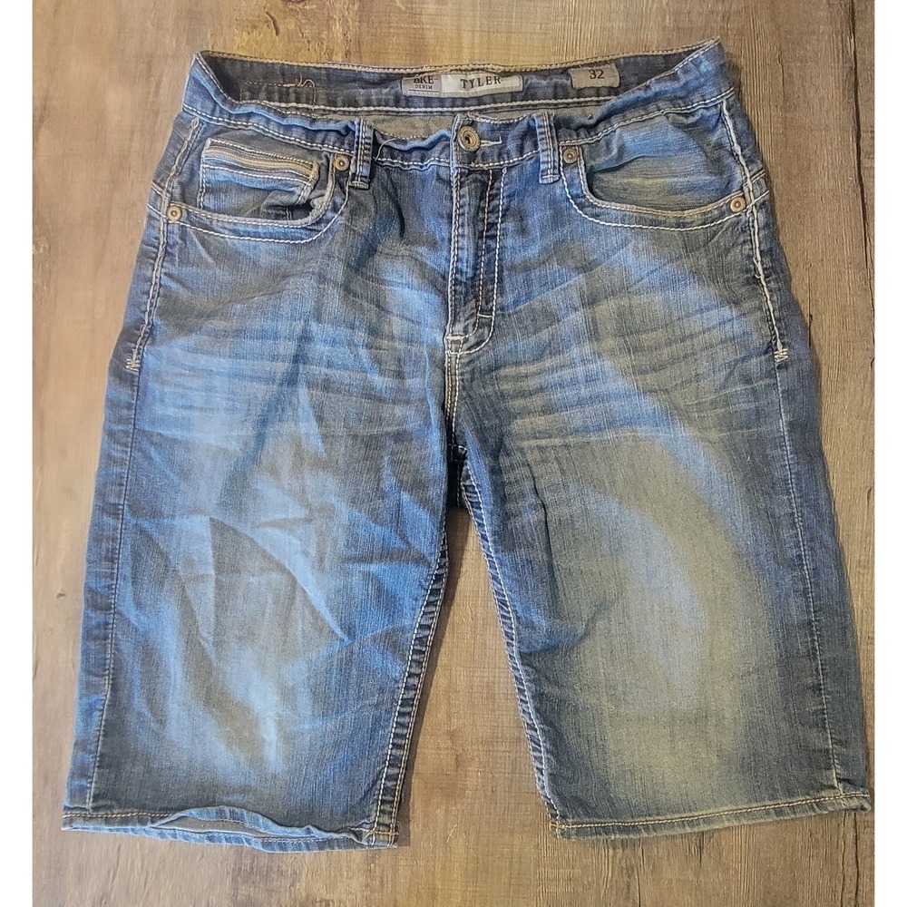 BKE Tyler Mens Denim Shorts Size 32 Medium Wash Stretch Heavy Stitching Casual